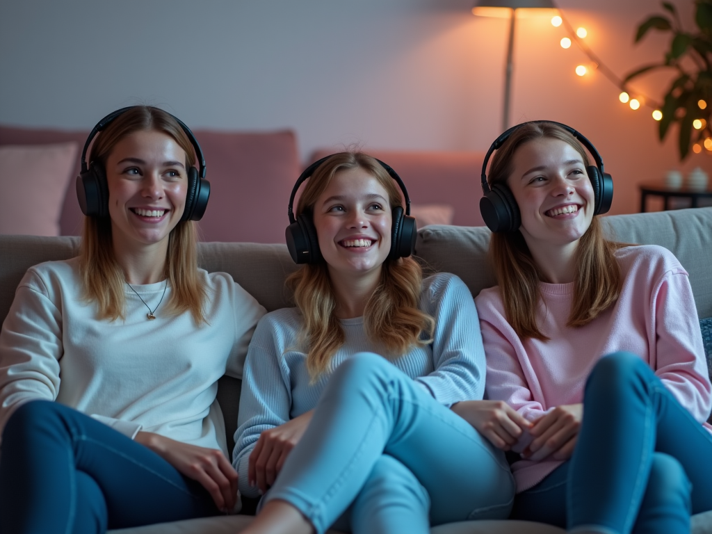 Three smiling young women wearing headphones, sitting on a couch under ambient lighting.