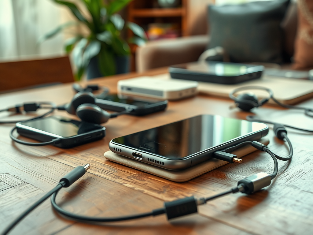 A wooden table cluttered with smartphones, headphones, and cables, with a plant in the background.