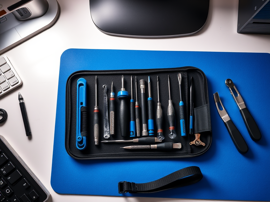A set of various tools neatly arranged in a black case on a blue mat, surrounded by office items.