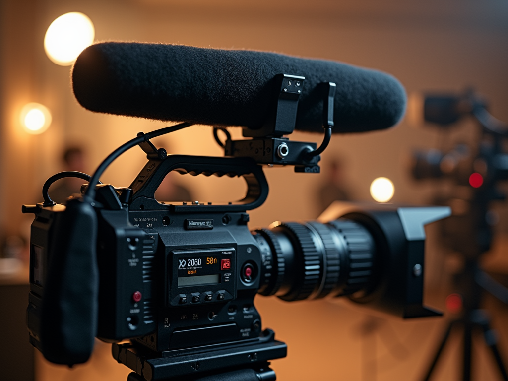 Professional video camera with microphone in a warm-lit studio, focused front view.