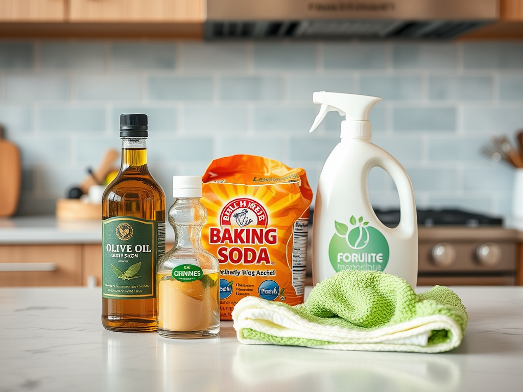 A kitchen countertop featuring olive oil, baking soda, a clear bottle, and a cleaning spray next to a green cloth.