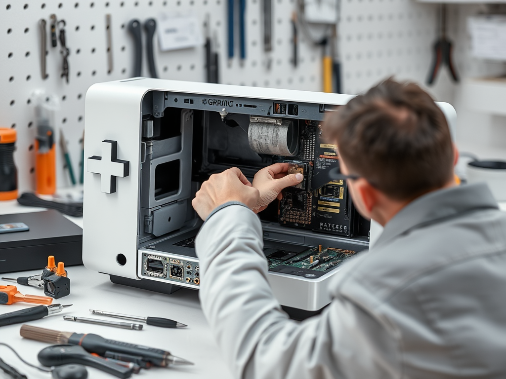 A technician repairs a device, focused on its internal components, with various tools nearby on a workbench.