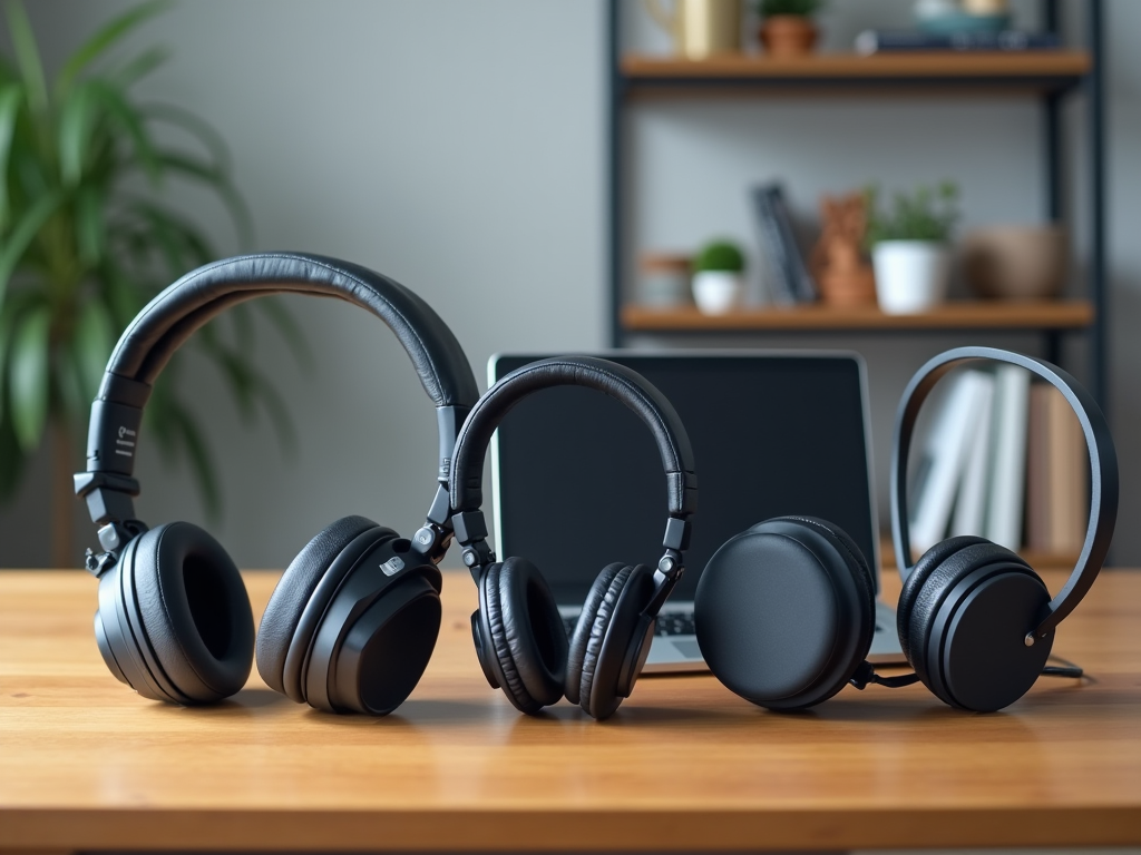 Three black headphones displayed on a wooden desk with a tablet and shelves with plants in the background.