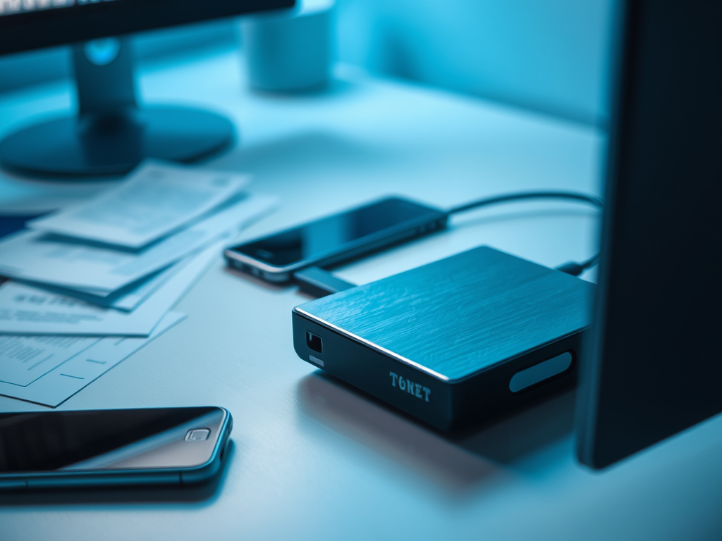 A mobile device charging station on a desk, alongside smartphones and scattered paper documents.