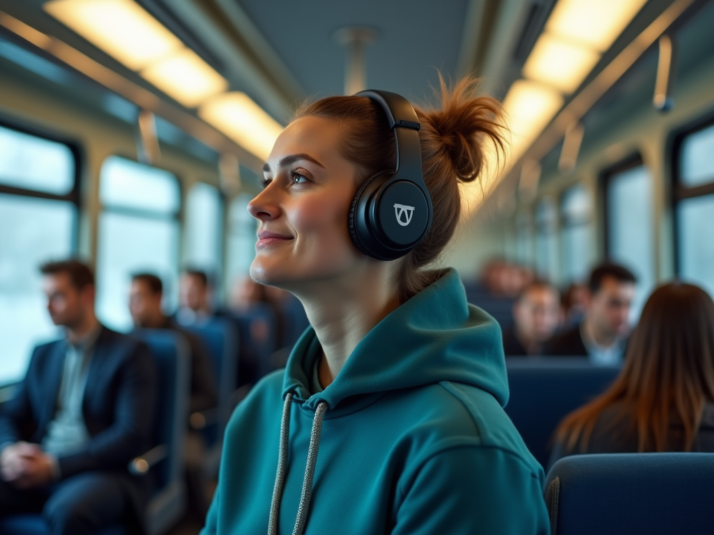 Smiling woman wearing headphones on a train, looking out the window.