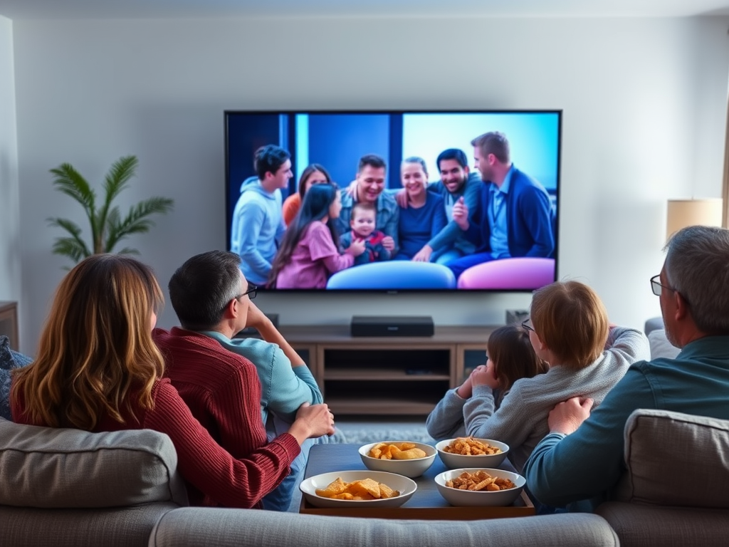 A family watching a happy moment on TV, surrounded by bowls of snacks, in a cozy living room.