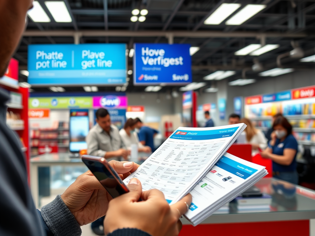 A person holding a phone and a printed document in a busy store with promotional signs in the background.