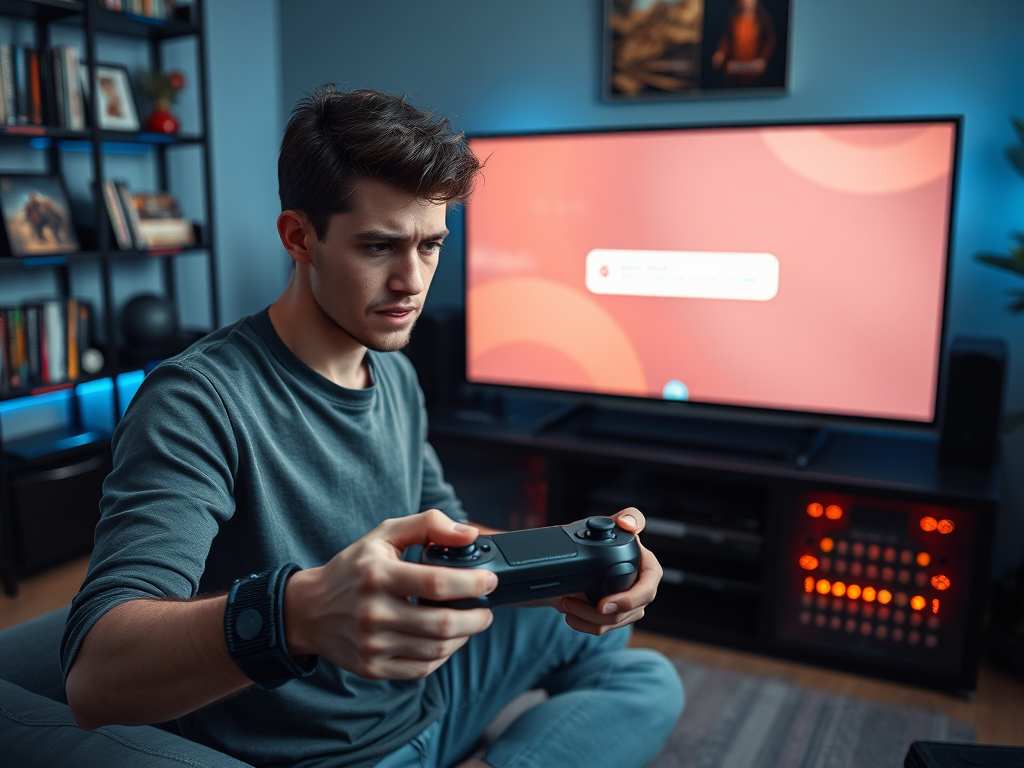 A focused young man plays video games, holding a controller, with a bright TV screen in the background.