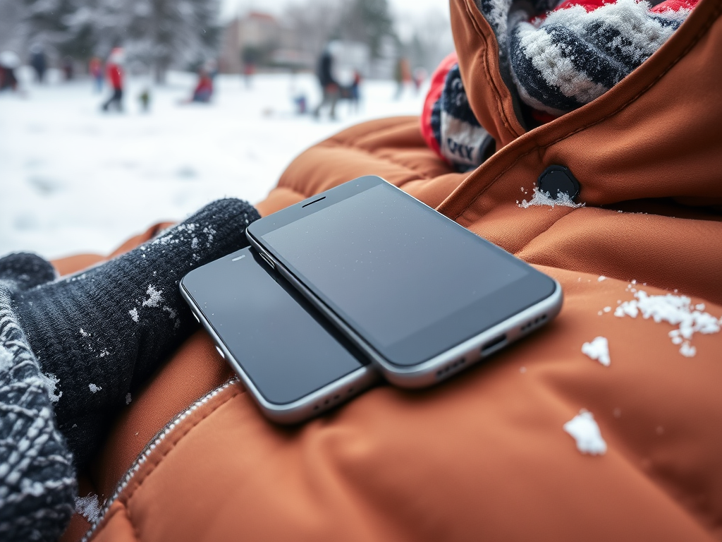 Two smartphones lie on a person's lap, surrounded by snow, with people playing in the snowy background.